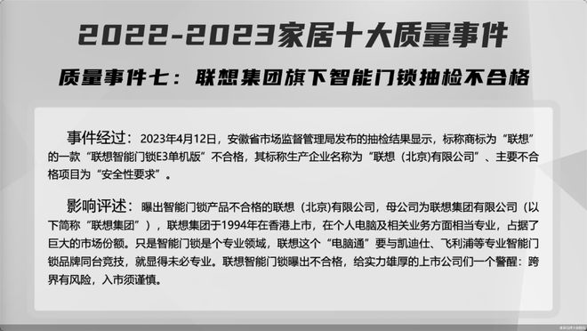 新太阳城“联想集团旗下智能门锁抽检不合格”上榜“2022-2023家居十大质量事(图1)